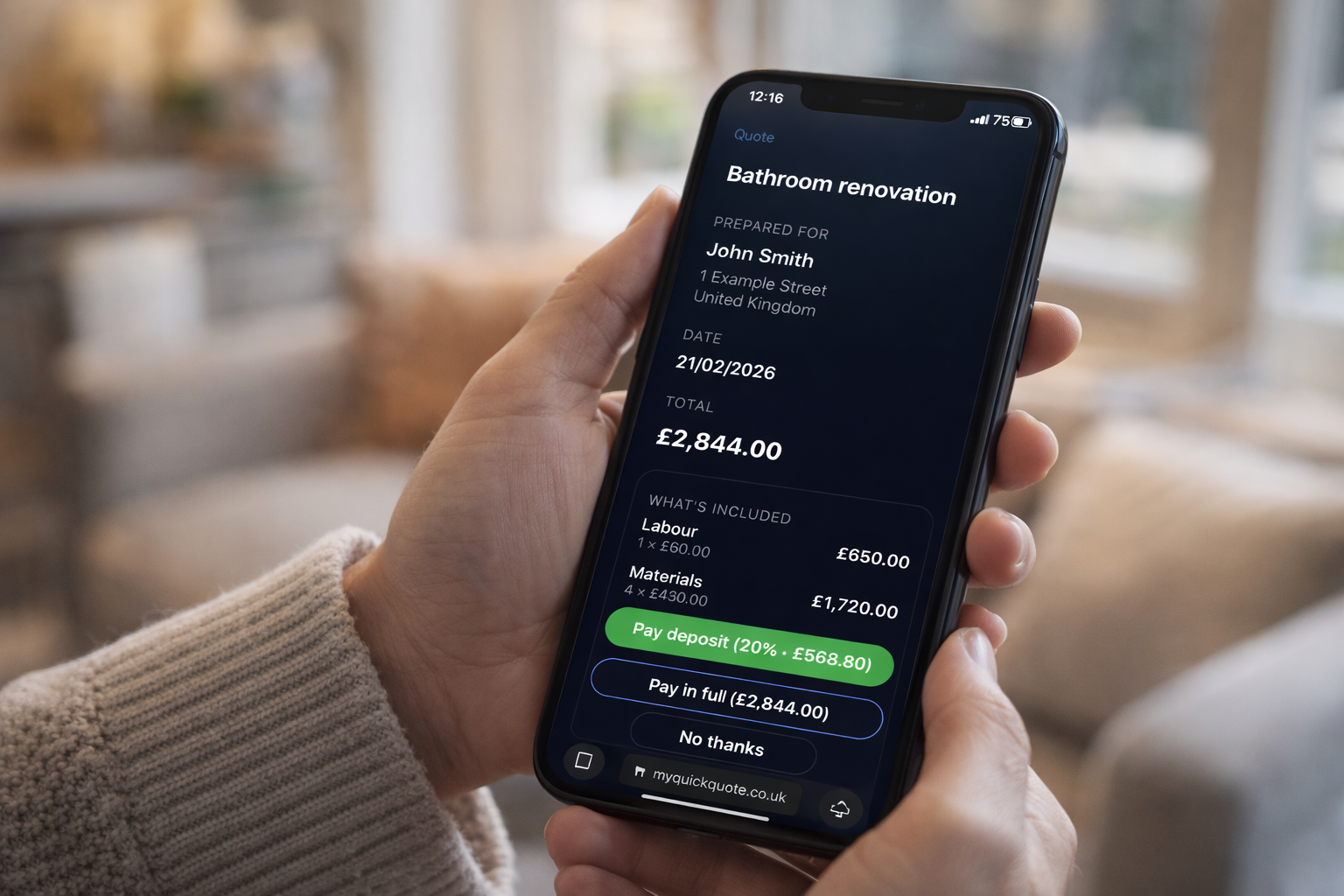 Customer accepting quote and paying deposit