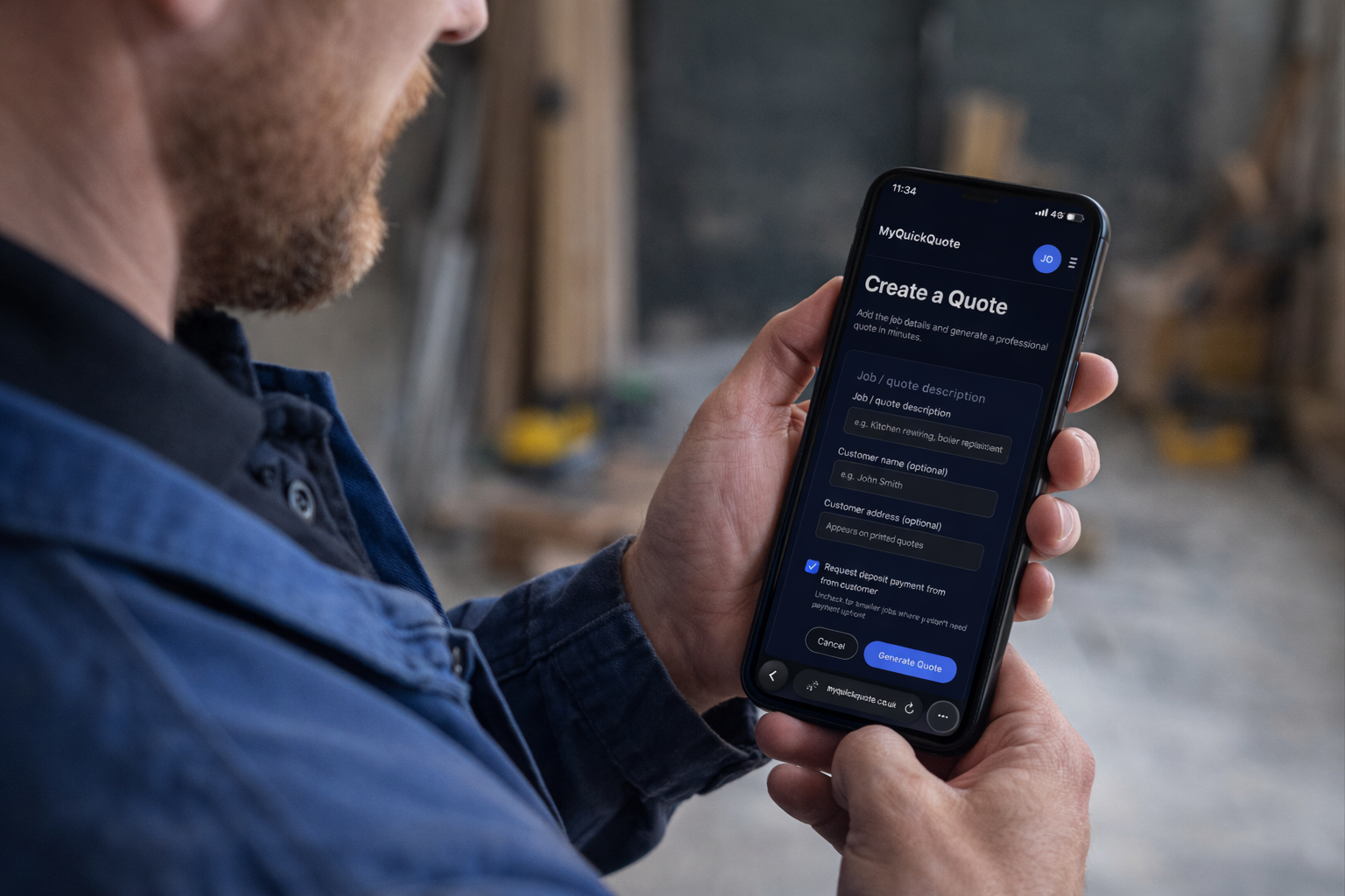 Tradesperson creating a quote on phone